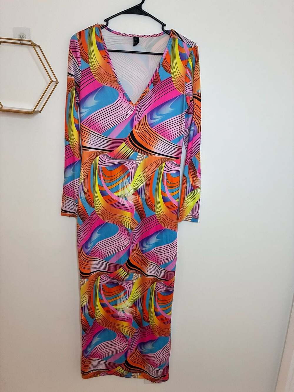 SHEIN Long Sleeve V-Neck Psychedelic Wave Print Maxi Dress L